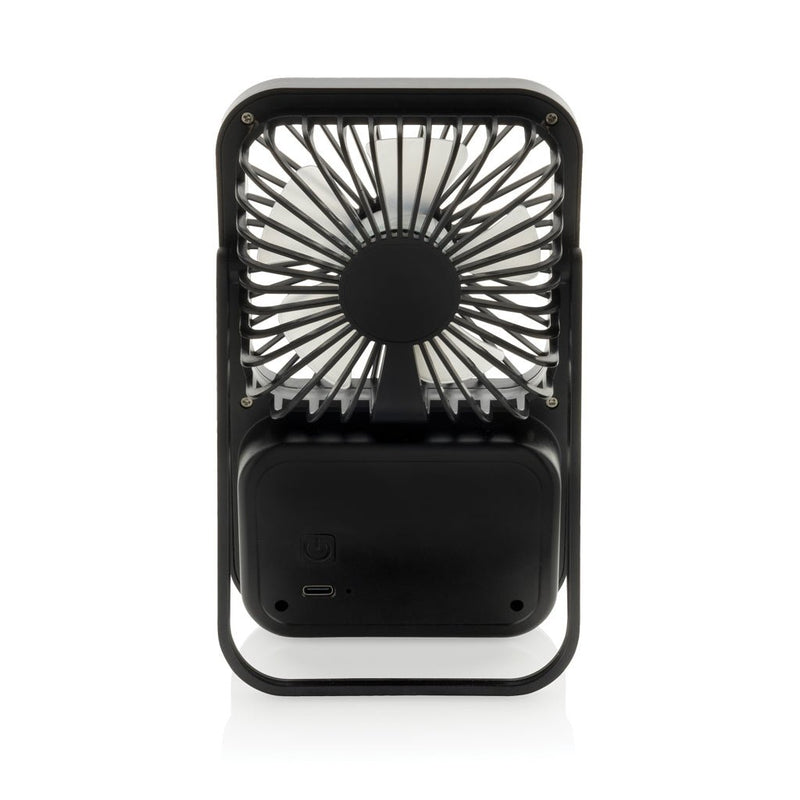 Load image into Gallery viewer, Aervina RCS recycled plastic re-chargeable desk fan - Custom Wood DesignsAervina RCS recycled plastic rechargeable desk fan from XD Collection, shown on a desk with a modern phone and tablet accessory setup.Phone & Tablet accessoriesP457.0801Recycled ABSblack