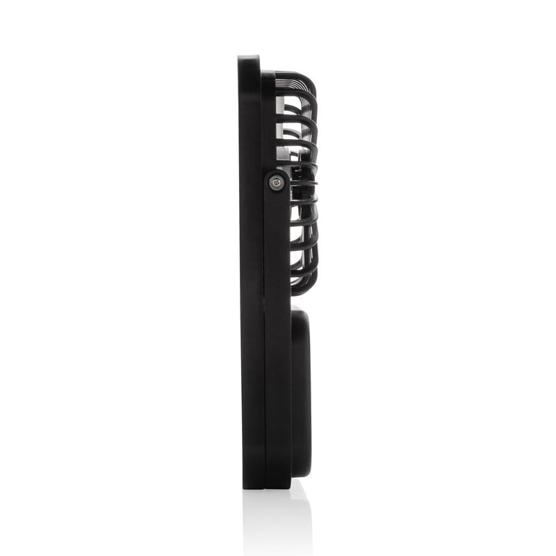 Load image into Gallery viewer, Aervina RCS recycled plastic re-chargeable desk fan - Custom Wood DesignsAervina RCS recycled plastic rechargeable desk fan from XD Collection, shown on a desk with a sleek modern design.Phone & Tablet accessoriesP457.0801Recycled ABSblack