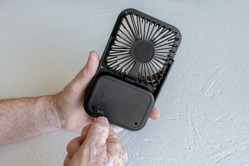 Load image into Gallery viewer, Aervina RCS recycled plastic re-chargeable desk fan - Custom Wood DesignsAervina RCS recycled plastic rechargeable desk fan from XD Collection, designed for phone and tablet accessories.Phone & Tablet accessoriesP457.0801Recycled ABSblack