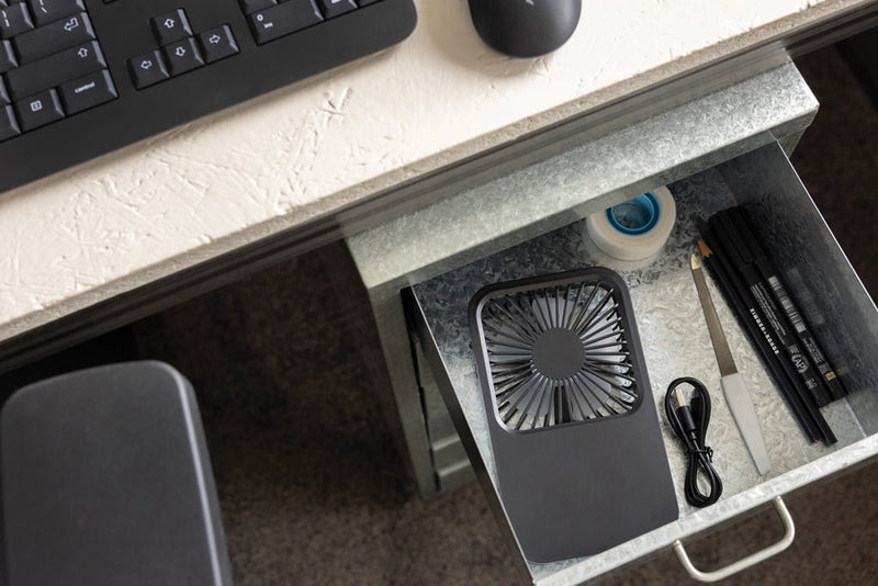 Load image into Gallery viewer, Aervina RCS recycled plastic re-chargeable desk fan - Custom Wood DesignsAervina RCS recycled plastic rechargeable desk fan from XD Collection, stylish compact fan for phone and tablet accessories.Phone & Tablet accessoriesP457.0801Recycled ABSblack