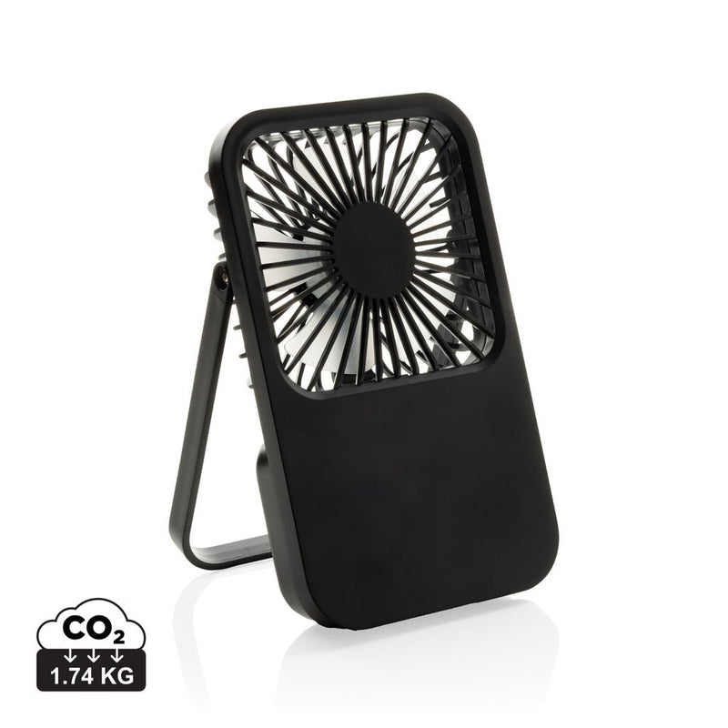 Load image into Gallery viewer, Aervina RCS recycled plastic re-chargeable desk fan - Custom Wood DesignsAervina RCS recycled plastic rechargeable desk fan from XD Collection, designed for phone and tablet accessories, shown on a desk.Phone & Tablet accessoriesP457.0801Recycled ABSblack