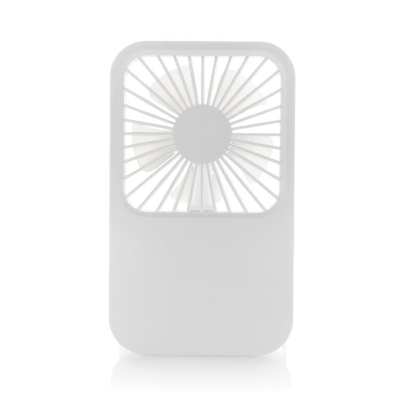 Load image into Gallery viewer, Aervina RCS recycled plastic re-chargeable desk fan - Custom Wood DesignsAervina RCS recycled plastic rechargeable desk fan from XD Collection, designed for phone and tablet accessories, shown on desk.Phone & Tablet accessoriesP457.0803Recycled ABSwhite