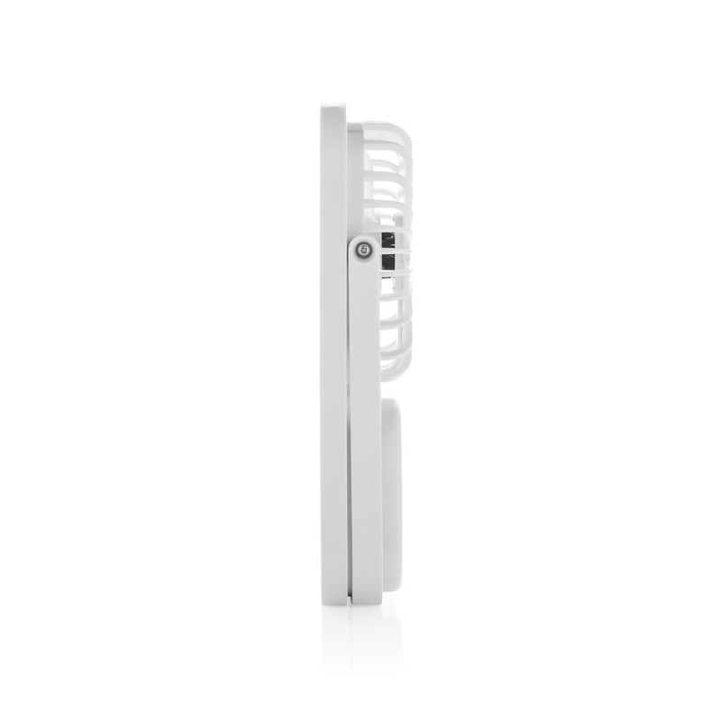 Load image into Gallery viewer, Aervina RCS recycled plastic re-chargeable desk fan - Custom Wood DesignsAervina RCS recycled plastic rechargeable desk fan from XD Collection, shown on a desk with electronic accessories.Phone & Tablet accessoriesP457.0803Recycled ABSwhite