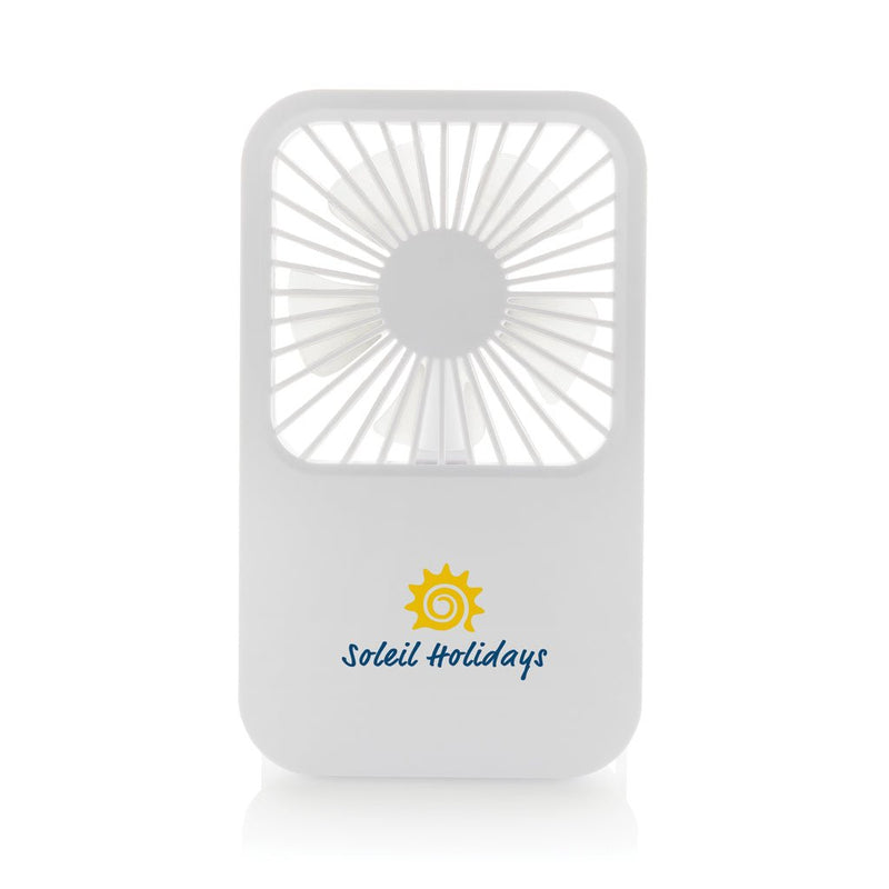 Load image into Gallery viewer, Aervina RCS recycled plastic re-chargeable desk fan - Custom Wood DesignsAervina RCS recycled plastic rechargeable desk fan from XD Collection, shown on a desk with a modern design.Phone & Tablet accessoriesP457.0803Recycled ABSwhite