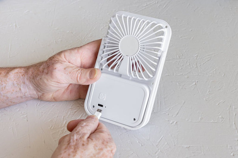 Load image into Gallery viewer, Aervina RCS recycled plastic re-chargeable desk fan - Custom Wood DesignsAervina RCS recycled plastic rechargeable desk fan in black, designed for phone and tablet accessories by XD Collection.Phone & Tablet accessoriesP457.0803Recycled ABSwhite