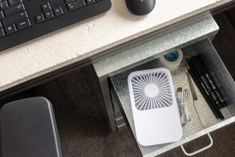 Load image into Gallery viewer, Aervina RCS recycled plastic re-chargeable desk fan - Custom Wood DesignsAervina RCS recycled plastic rechargeable desk fan by XD Collection, compact and eco-friendly, placed on a desk with electronic devices.Phone & Tablet accessoriesP457.0803Recycled ABSwhite