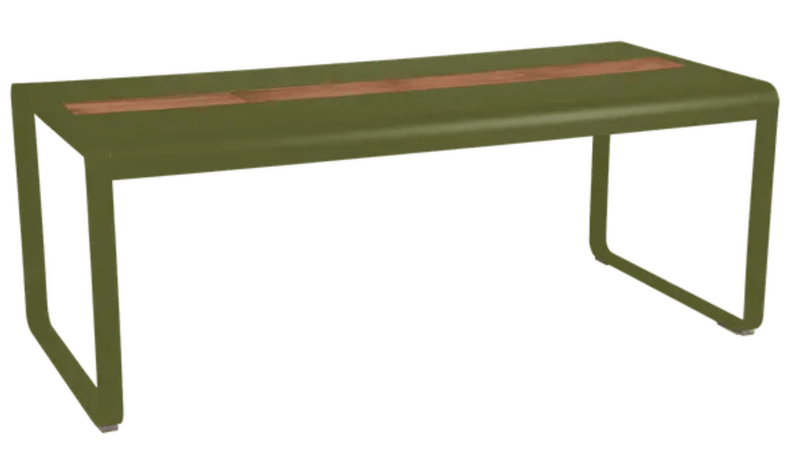 Load image into Gallery viewer, Bellevie 196 x 90 cm Outdoor Dining Table Eight Seater - with storage - Custom Wood DesignsFermob Bellevie outdoor dining table with wood and metal design, 196x90cm, eight-seater with built-in storage, in a garden setting.Wood Metal Table24575178516535PestoWithout outdoor Cover