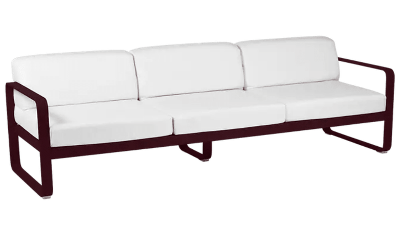 Load image into Gallery viewer, Black Fermob Bellevie 3-seater outdoor sofa with black cherry and off-white cushions, made of metal for patio comfort and style.