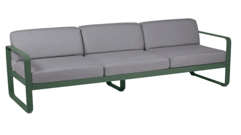 Load image into Gallery viewer, Cedar green and flannel grey Fermob Bellevie 3-seater outdoor sofa with metal frame, stylish outdoor furniture for patio or garden.