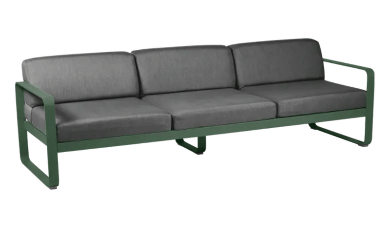 Load image into Gallery viewer, Bellevie 3-Seater Outdoor Sofa - Custom Wood DesignsFermob Bellevie 3-seater outdoor sofa with cedar green fabric and grey metal frame on patio setting.Outdoor Sofa Metal Fermob24575206619895Willow Green / Pearl
