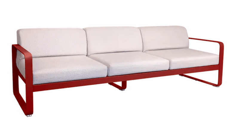 Load image into Gallery viewer, Fermob Bellevie 3-seater outdoor sofa with metal frame and vibrant chili pearl cushion, suited for stylish outdoor spaces.