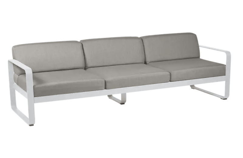 Load image into Gallery viewer, Fermob Bellevie 3-seater outdoor sofa with white cotton and taupe metal frame, perfect for garden or patio seating.