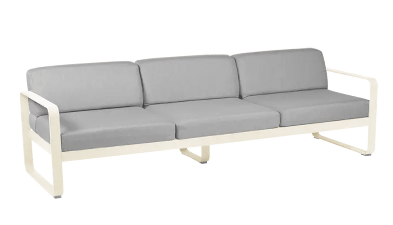 Load image into Gallery viewer, Fermob Bellevie 3-Seater outdoor sofa with beige latte fabric and grey flannel cushions, metal frame, perfect for garden seating.