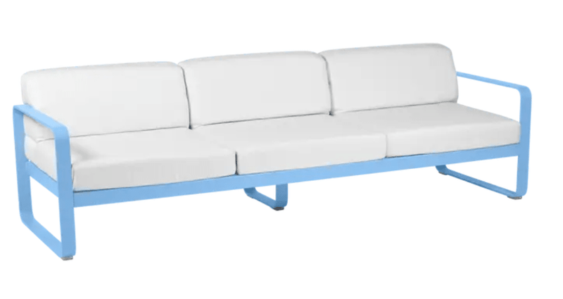 Load image into Gallery viewer, Bellevie 3-seater outdoor sofa by Fermob in Maya Blue with off-white cushions, made of metal for outdoor contract furniture.