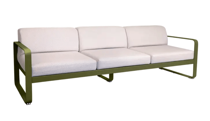 Load image into Gallery viewer, Fermob Bellevie 3-seater outdoor sofa with metal frame in Pesto Pearl color, suitable for garden or patio seating.