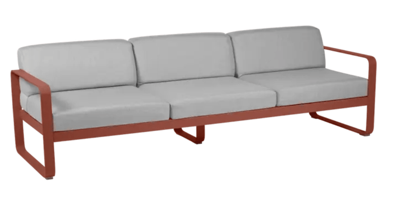 Load image into Gallery viewer, Red and grey Bellevie 3-seater outdoor sofa by Fermob with metal frame and plush fabric cushions, designed for outdoor contract use.