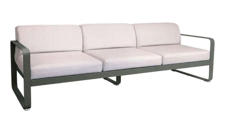 Load image into Gallery viewer, Rosemary Pearl Fermob Bellevie 3-seater outdoor sofa with metal frame, featuring comfortable cushions and modern design.