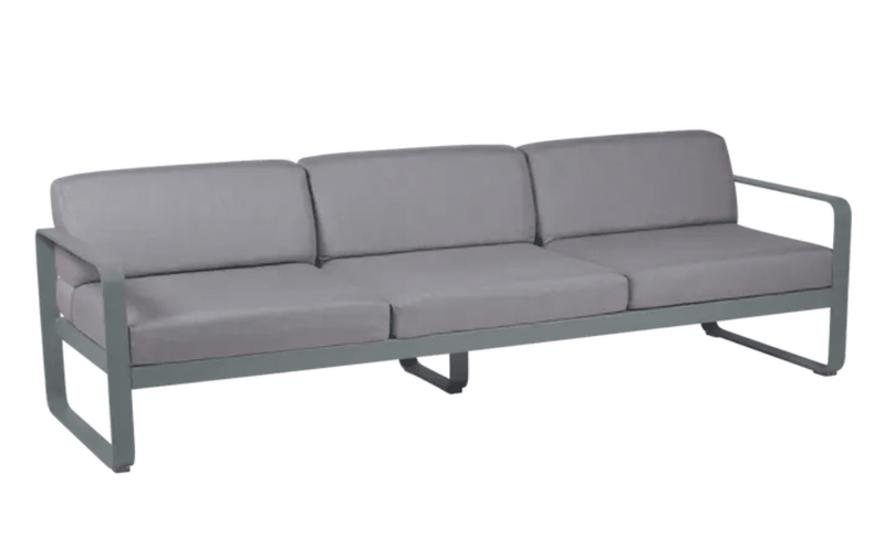 Load image into Gallery viewer, Storm Grey Bellevie 3-Seater outdoor metal sofa by Fermob with plush grey cushions for stylish outdoor seating.