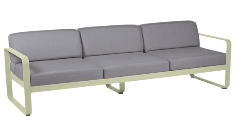 Load image into Gallery viewer, Willow green and flannel grey Fermob Bellevie 3-seater outdoor sofa with metal frame, ideal for garden or patio seating.