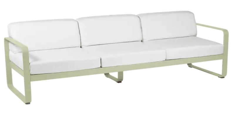 Load image into Gallery viewer, Willow green and off-white Fermob Bellevie 3-seater outdoor sofa with metal frame and fabric cushions, suitable for garden seating.