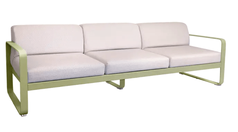 Load image into Gallery viewer, Willow Green Pearl Fermob Bellevie 3-Seater outdoor metal sofa with a modern design, perfect for garden or patio relaxation.