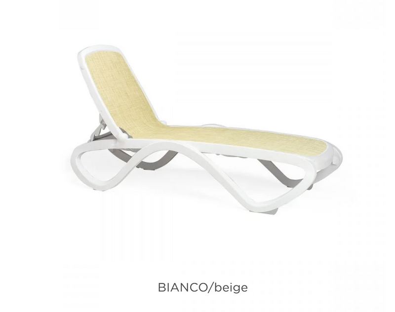 Load image into Gallery viewer, Nardi Omega sun lounger, stackable outdoor recliner with breathable beige fabric, ideal for poolside and outdoor relaxation.