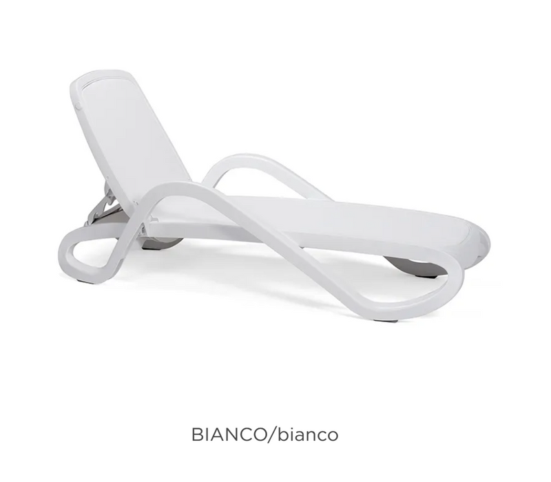 Load image into Gallery viewer, Nardi Alfa Sun Lounger stackable outdoor recliner with armrests, white plastic sunbed for patio or poolside relaxation.