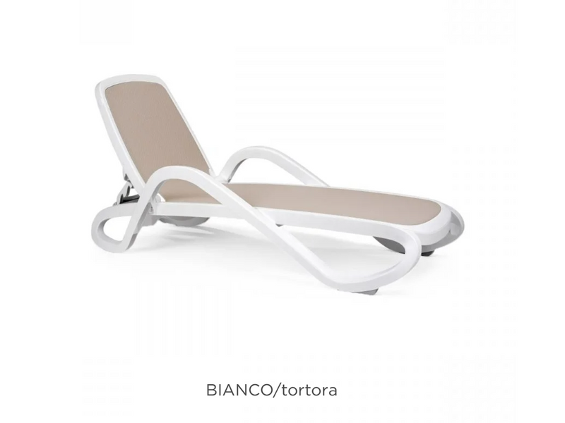 Load image into Gallery viewer, Nardi Alfa sun lounger stackable outdoor recliner with armrests, white polyester cushion, suitable for patio relaxation.