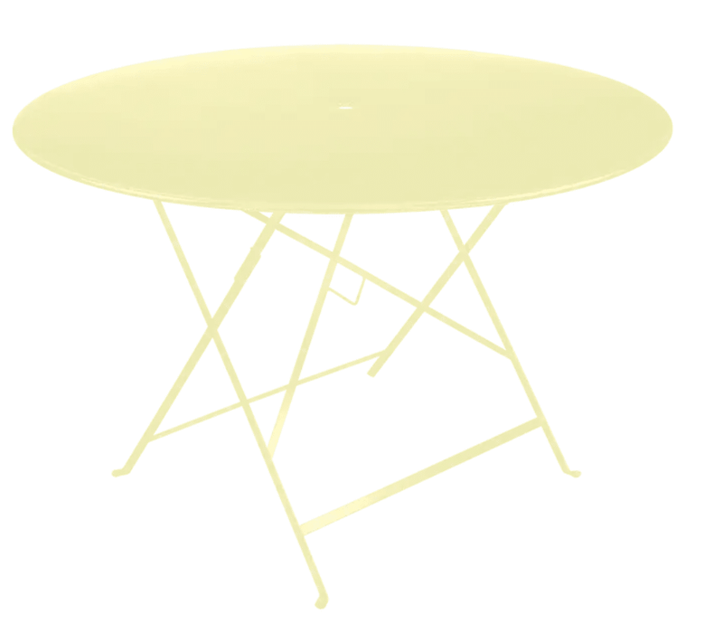 Load image into Gallery viewer, Bistro Table Ø117cm six seater - Custom Wood DesignsBright yellow Fermob round bistro table with frosted lemon finish, 117cm diameter, outdoor metal six-seater dining table.Round Table Fermob7925.0Frosted Lemon