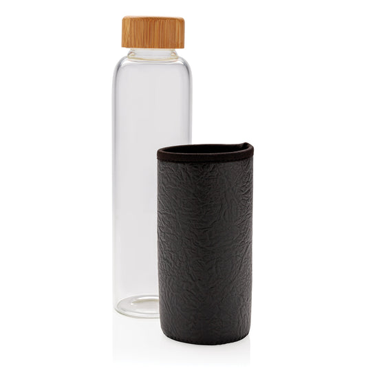 Glass bottle 550ml with bamboo lid & textured PU sleeve pack of 25 Custom Wood Designs __label: Multibuy black-glass-bottle-550ml-with-bamboo-lid-textured-pu-sleeve-pack-of-25-53613715620183