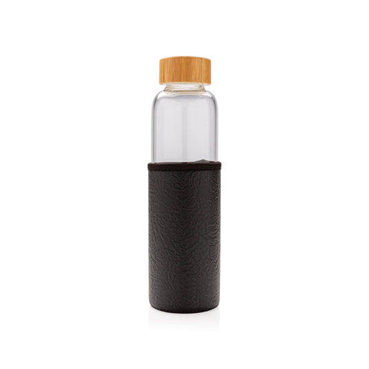 Glass bottle 550ml with bamboo lid & textured PU sleeve pack of 25 Black Custom Wood Designs __label: Multibuy black-glass-bottle-550ml-with-bamboo-lid-textured-pu-sleeve-pack-of-25-56106629923159