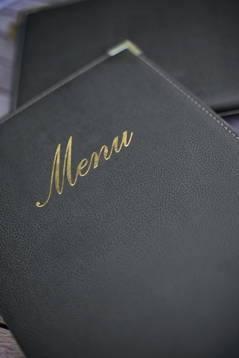 Load image into Gallery viewer, Leather style long menu holder pack of 10 Custom Wood Designs __label: Multibuy black-leather-style-long-menu-holder-pack-of-10-53613250806103