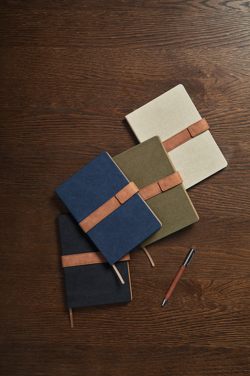 Load image into Gallery viewer, Pack of 25 black recycled A5 canvas notebooks by Custom Wood Designs, eco-friendly notebook with durable cover.