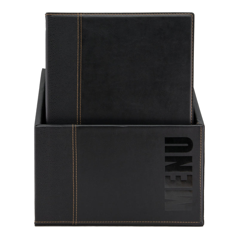 Load image into Gallery viewer, Leather style A4 menu holders in box 2 packs of 20 Custom Wood Designs blackleatherboxmenusa4customwooddesigns_76435b9b-fcea-4ce4-8d92-5771319f477c