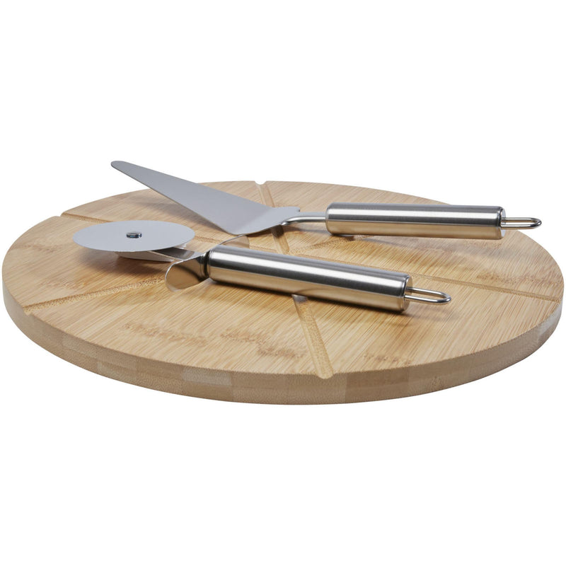 Load image into Gallery viewer, Bamboo pizza board with tools pack of 25 Custom Wood Designs __label: Multibuy branded-bamboo-pizza-board-with-tools-pack-of-25-53613647364439
