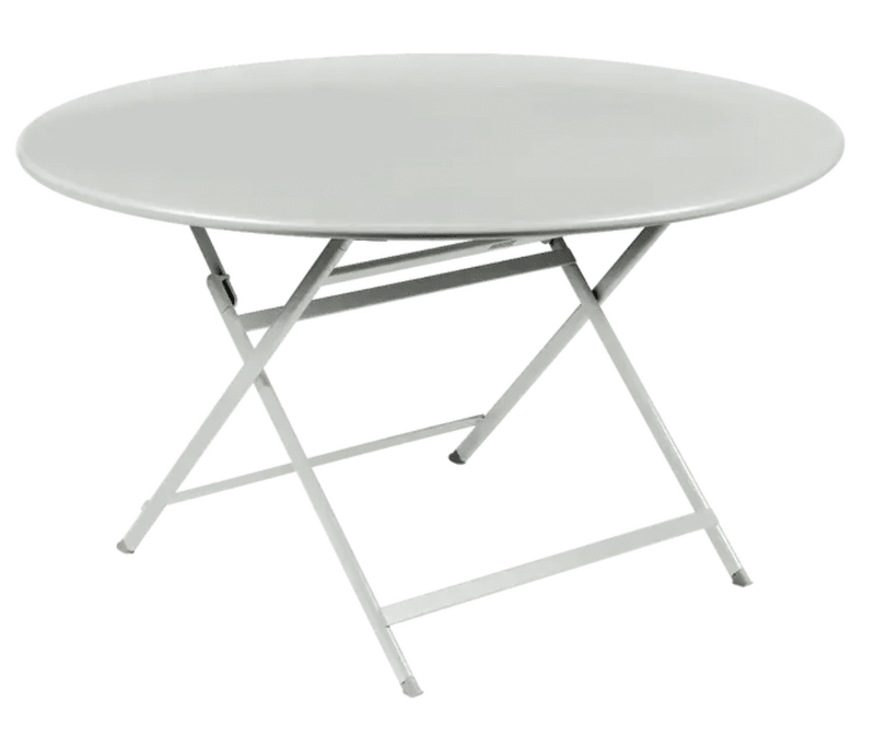Load image into Gallery viewer, Fermob Caractère foldable metal table in Clay Grey with 128cm diameter, eight-seater, shown in a folded and open position.