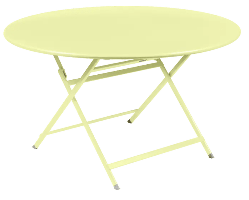 Load image into Gallery viewer, Fermob Caractère foldable metal table with 128 cm diameter in frosted lemon color, set up as an eight-seater outdoor table.