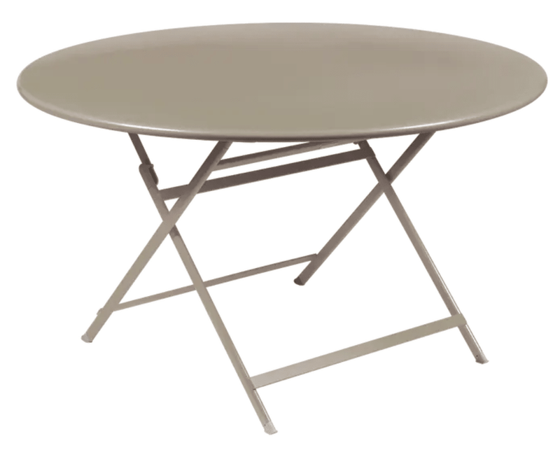Load image into Gallery viewer, Fermob Caractère foldable metal table with 128 cm diameter, nutmeg color, set for eight seats, and compact in a folded position.