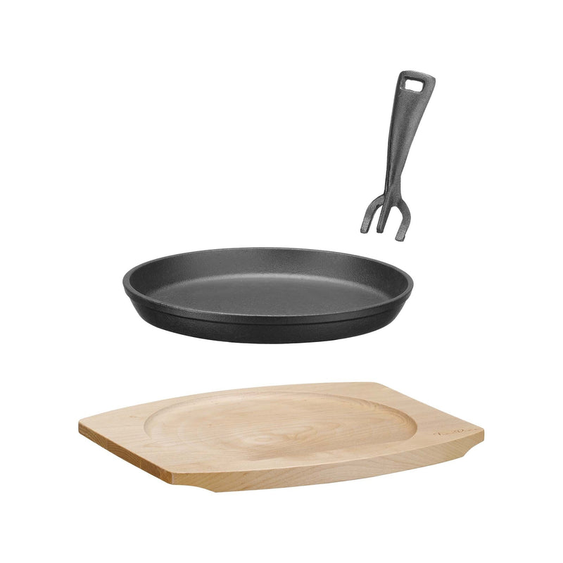 Load image into Gallery viewer, Cast iron serving pan Ø220mm with wooden base and handle, 270×230×(h)40 mm - Custom Wood DesignsCast iron serving pan with wooden base and handle, 220mm diameter, by Fine Dine, shown with a rustic presentation.cast iron serving pan626900