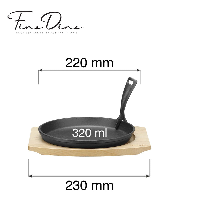 Load image into Gallery viewer, Cast iron serving pan Ø220mm with wooden base and handle, 270×230×(h)40 mm - Custom Wood DesignsCast iron serving pan with wooden base and handle, 220mm diameter, from Fine Dine, with dimensions 270×230×40mmcast iron serving pan626900