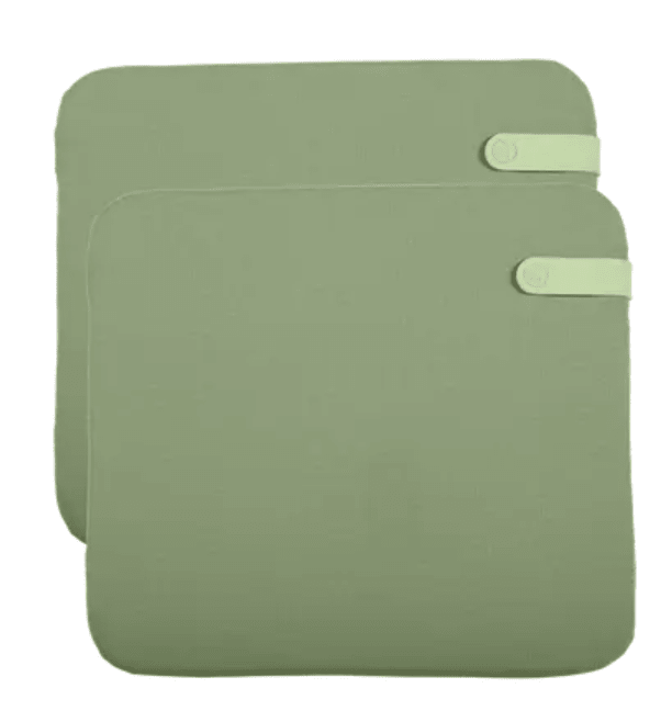 Load image into Gallery viewer, Set of two Fermob outdoor cushions in eucalyptus color, measuring 41x45 cm, designed for outdoor chairs.