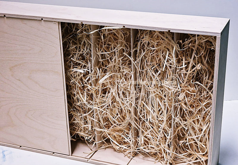 Load image into Gallery viewer, Sliding Lid 4 Bottle Box - Natural x 25 Corporate Gift Box with Wood Wool Custom Wood Designs box corporate gift hamper triple wine box wood wool corporate-gift-box-with-wood-wool-1-sliding-lid-4-bottle-box-natural-x-25-52626582110551