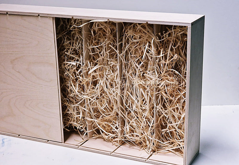 Load image into Gallery viewer, Sliding Lid 4 Bottle Box - Natural x 25 Corporate Gift Box with Wood Wool Custom Wood Designs box corporate gift hamper triple wine box wood wool corporate-gift-box-with-wood-wool-1-sliding-lid-4-bottle-box-natural-x-25-52626582765911