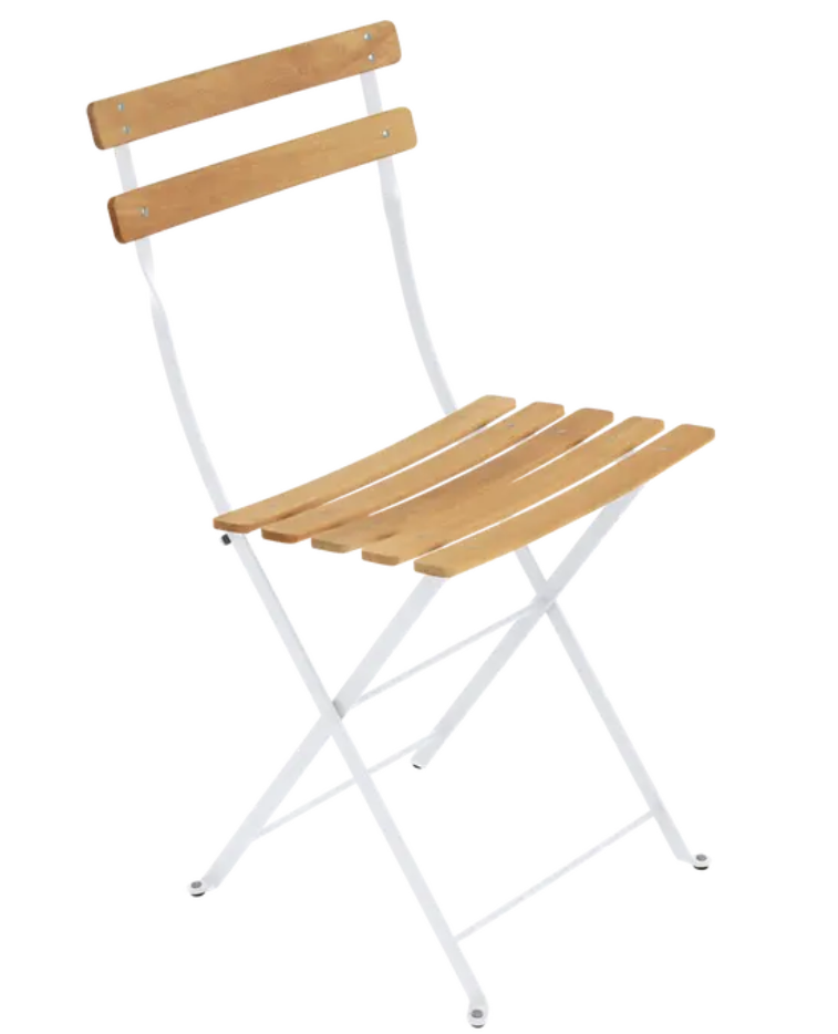 Load image into Gallery viewer, White Fermob Bistro Natural folding chair with wooden seat and metal frame, ideal for outdoor dining and patio furniture.