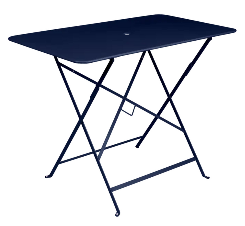 Load image into Gallery viewer, Deep blue Fermob metal foldable bistro table 97x57cm, ideal for restaurant terraces and outdoor dining spaces.