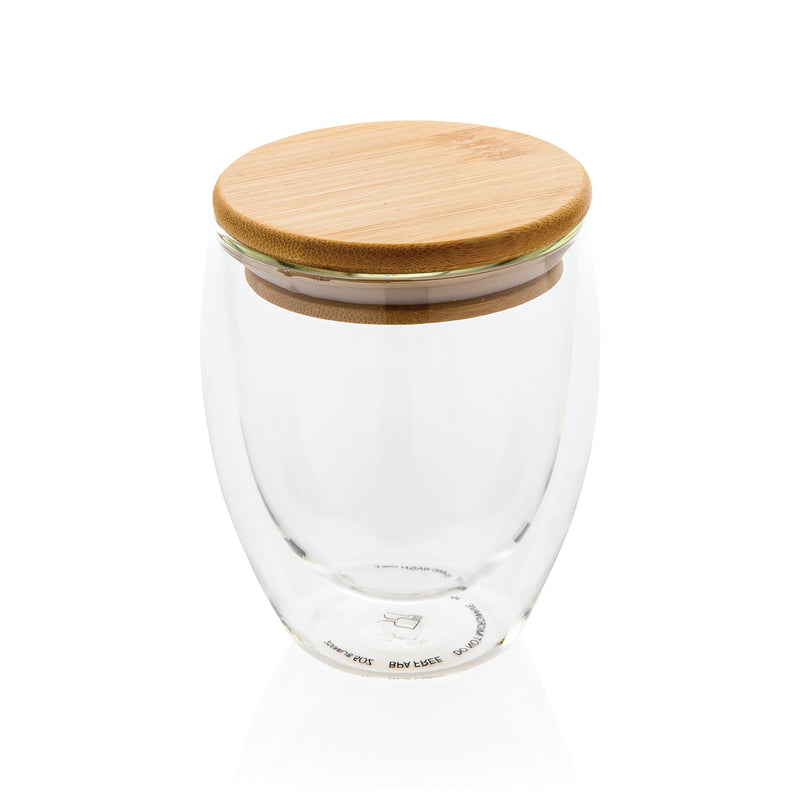 Load image into Gallery viewer, Double wall borosilicate glass with bamboo lid 250ml pack of 25 Custom Wood Designs __label: Multibuy default-title-double-wall-borosilicate-glass-with-bamboo-lid-250ml-pack-of-25-53613719880023