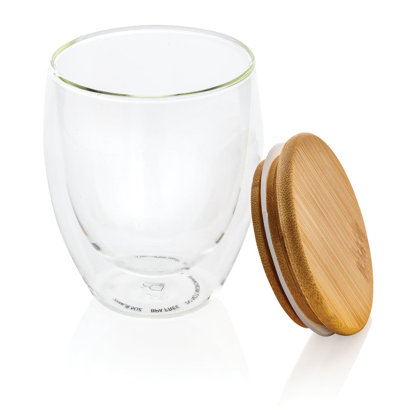 Load image into Gallery viewer, Double wall borosilicate glass with bamboo lid 250ml pack of 25 Custom Wood Designs __label: Multibuy default-title-double-wall-borosilicate-glass-with-bamboo-lid-250ml-pack-of-25-53613720863063
