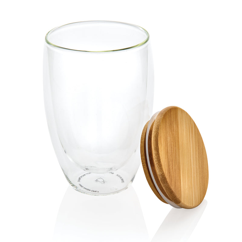 Load image into Gallery viewer, Double wall borosilicate glass with bamboo lid 350ml pack of 25 Custom Wood Designs __label: Multibuy default-title-double-wall-borosilicate-glass-with-bamboo-lid-350ml-pack-of-25-53613717487959