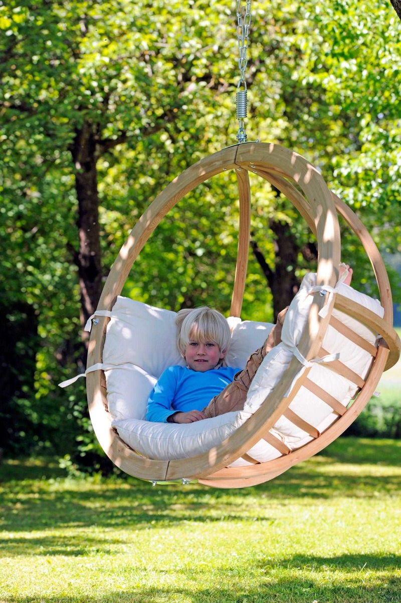 Load image into Gallery viewer, Amazonas Globe Wood Hanging Chair with a curved wooden seat and sturdy hanging ropes, designed for indoor or outdoor relaxation.