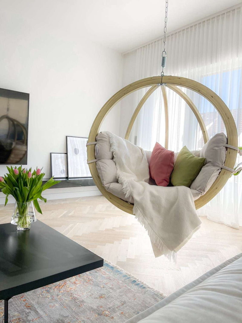 Load image into Gallery viewer, Amazonas Globo Wood Hanging Chair with woven rope seat and wooden frame for outdoor or indoor relaxation.